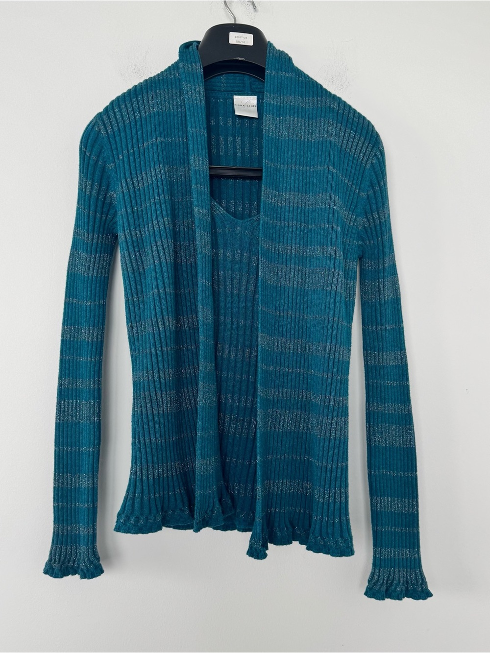 Emma James Metallic Cardigan Teal Blue Ribbed Knit Twin Set Open V-Neck Tank S